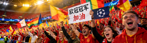 欧冠比赛现场球迷热烈欢呼的壮观场面